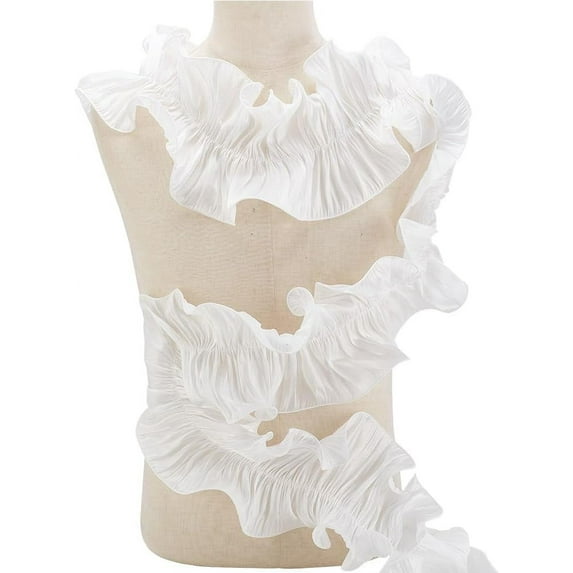 3 Yards Retro Double Ruffle Dress Bag Decoration Fabric Craft Sewing White Pleated Chiffon Trim Tulle Fabric Applique Pleated Trim Ruffle Lace Border for Women Sewing Pocket Costume Craft