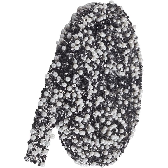 3 Yards Self Adhesive Resin Rhinestones Ribbon Trim Black Bling Glitter Rhinestone Diamond Pearl Bead Strips Belt Roll Iron on Stickers for Craft Shoes Clothing Decor Wedding Dresses