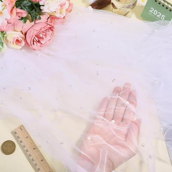 3 Yards White Pearl Lace Tablecloth Pearl Table Runner Nylon Mesh Fabric Wedding Table Cloths White 118.11x62.99x0.28inch