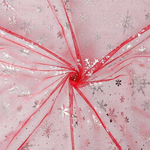 3 Yards x 170cm Snowflake Silver Foil Fabric Red Christmas Snowflake Organza Sheer Fabric Glitter Lace Mesh Tulle for DIY