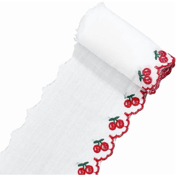 3 Yards x 3.8 Inch Cherry Lace Trim Embroidery Lace Ruffled Edge Trimmings Red Fruits Motif Polyester Ribbon Fabric