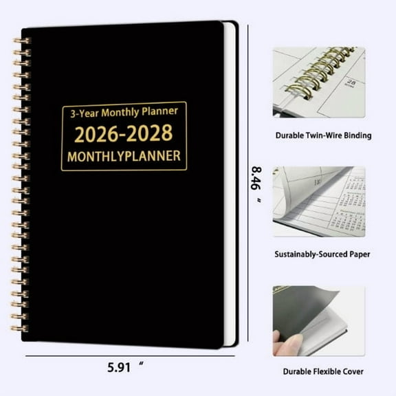 3-Year Monthly Planner 2026-2027-2028 Academic Calendar Notepad with Spiral Binding, Goal Setting Pages & Tear-Off Sheets for Students, Teachers & Organized Professionals | A KTFgvq