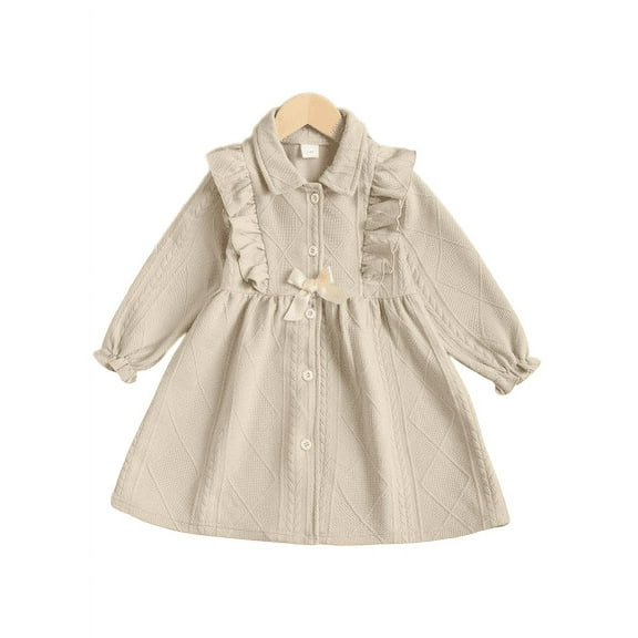 3 Years Toddler Baby Girls Dress Turn-down Collar Ruffle 4 Years Baby Girls Long Sleeve Jacquard Dress One Piece Casual Dress For Fall Winter Apricot