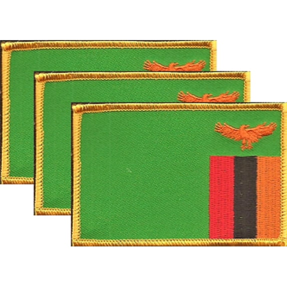 3 Zambia Flag Patches, Embroidered Iron On or Sew On, Measures 3.50" x 2.25"