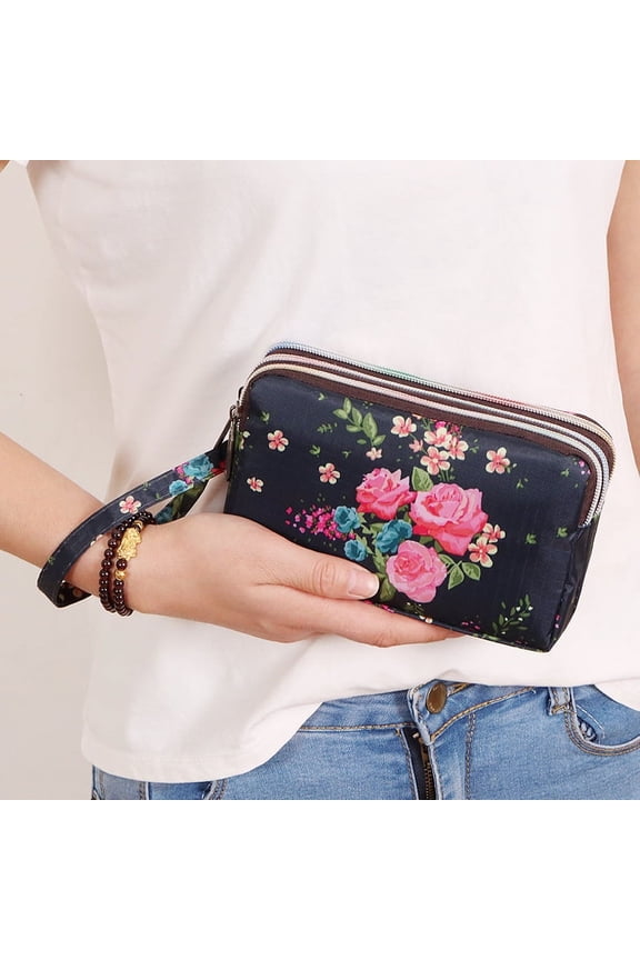 3 Zippered Canvas Coin Purse, Triple Capacity Change Pouch, Floral Printing Travel Wallet with Wrist Strap for Women