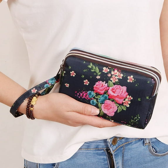 3 Zippered Canvas Coin Purse, Triple Capacity Change Pouch, Floral Printing Travel Wallet with Wrist Strap for Women