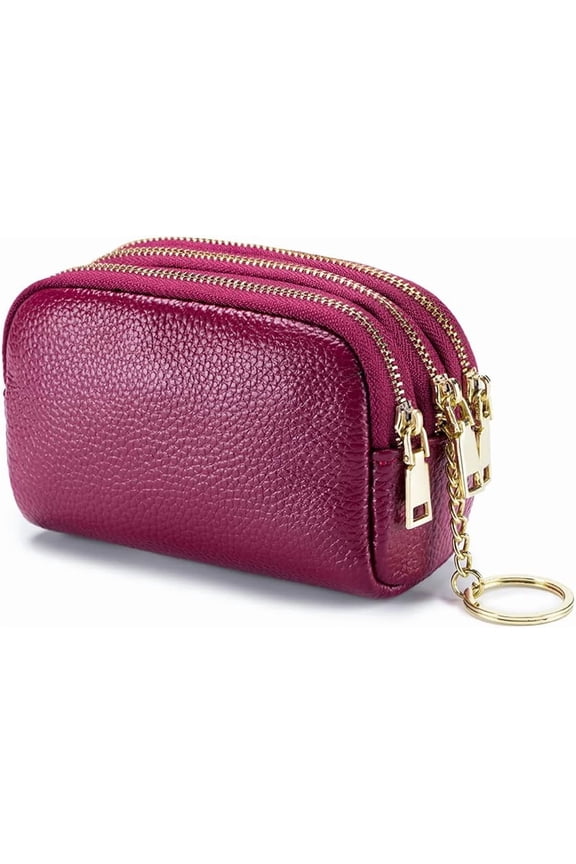 3 Zippered Genuine Leather Coin Purse Triple Capacity Change Pouch Little Travel Wallet With Key Ring for Women