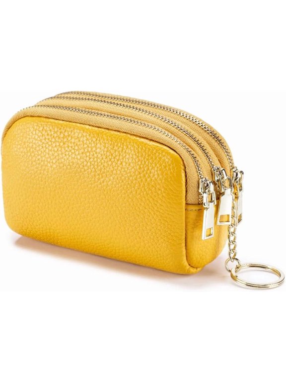 3 Zippered Genuine Leather Coin Purse Triple Capacity Change Pouch Little Travel Wallet With Key Ring for Women