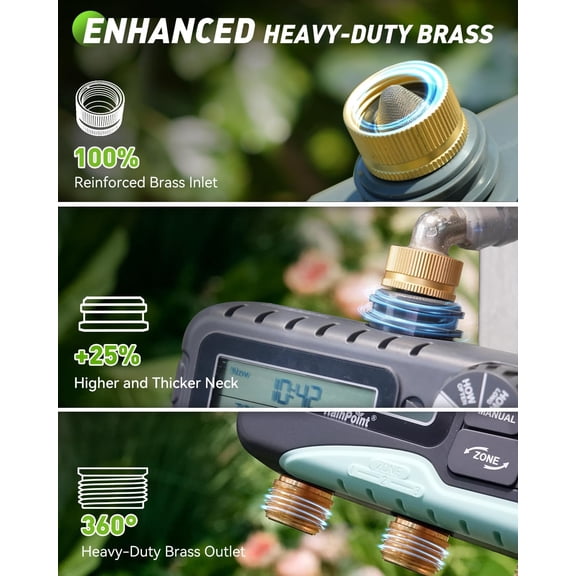 3 Zone Water Timer with Brass Inlet & Outlet, 3 Custom Watering Plans Sprinkler Timer, Featuring IP65 Waterproof,Rain Delay, Manual & Automatic Watering with Large LCD for Yard, 2026 Ver.