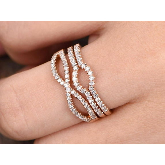 3 bridal ring set half eternity matching band split shank band curved U Moissanite Diamond wedding bands solid 10K rose gold