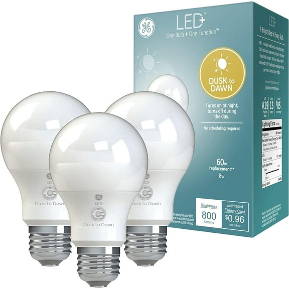 (3 bulbs) GE LED+ Dusk to Dawn A19 LED Light Bulbs, Automatic On/Off Outdoor Light, 8.5W, Soft White
