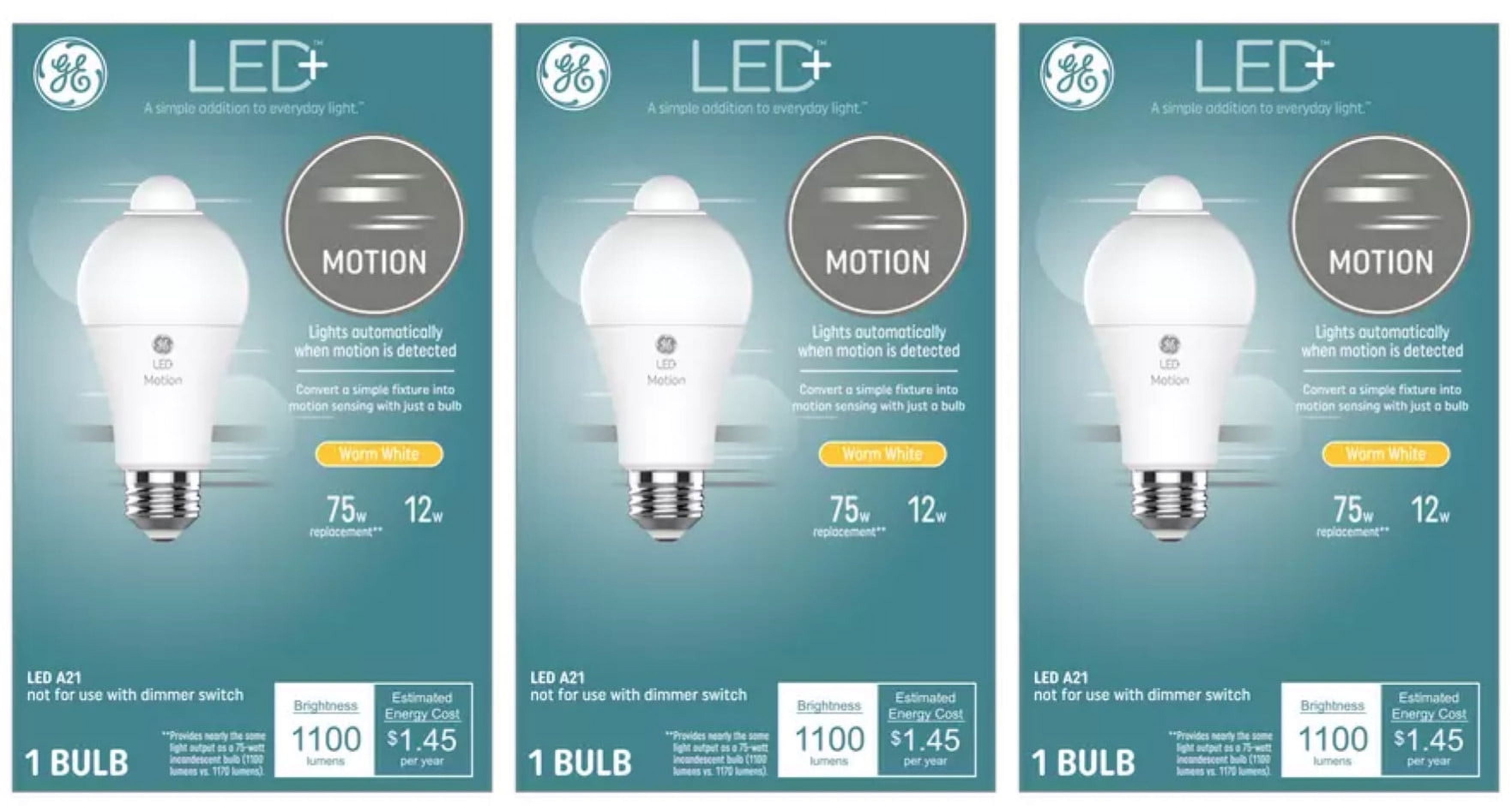 (3 bulbs) GE LED+ Motion Sensing LED Light Bulb, 12 watts, 1100 lumens, 75 watt replacement, warm white, lights automatically when motion is detected, LED A21 Light Bulb