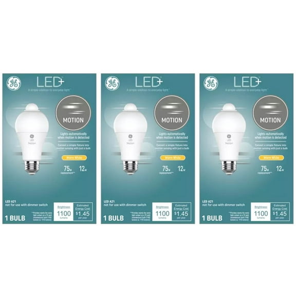 (3 bulbs) GE LED+ Motion Sensing LED Light Bulb, 12 watts, 1100 lumens, 75 watt replacement, warm white, lights automatically when motion is detected, LED A21 Light Bulb