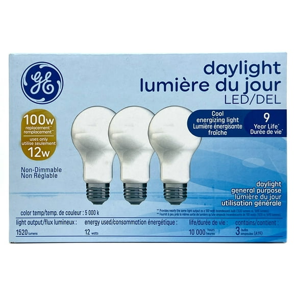 (3 bulbs) GE general purpse LED A19 light bulb, 12 watts, 1520 lumens, replaces 100 watt, beautiful daylight, medium base