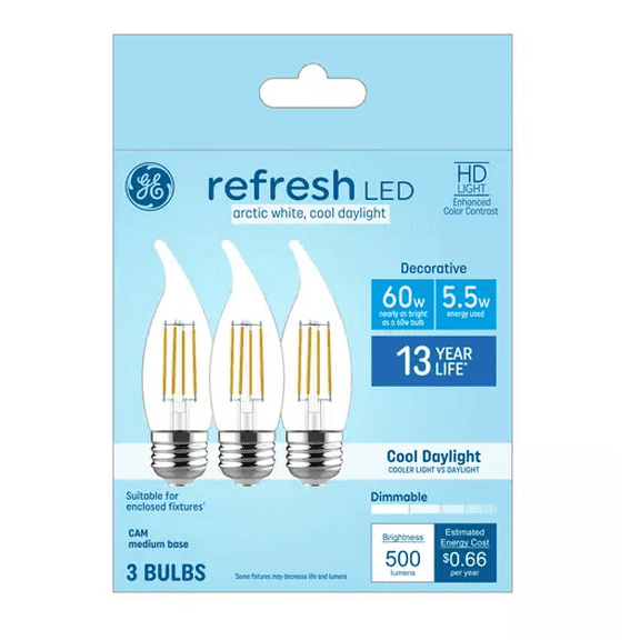(3 bulbs) GE refresh LED cool white chandelier bulbs, 60 watt equivalent, 5.5 watt, 500 lumens, Dimmable, medium base (CAM) LED 6500K arctic white decorative bulb