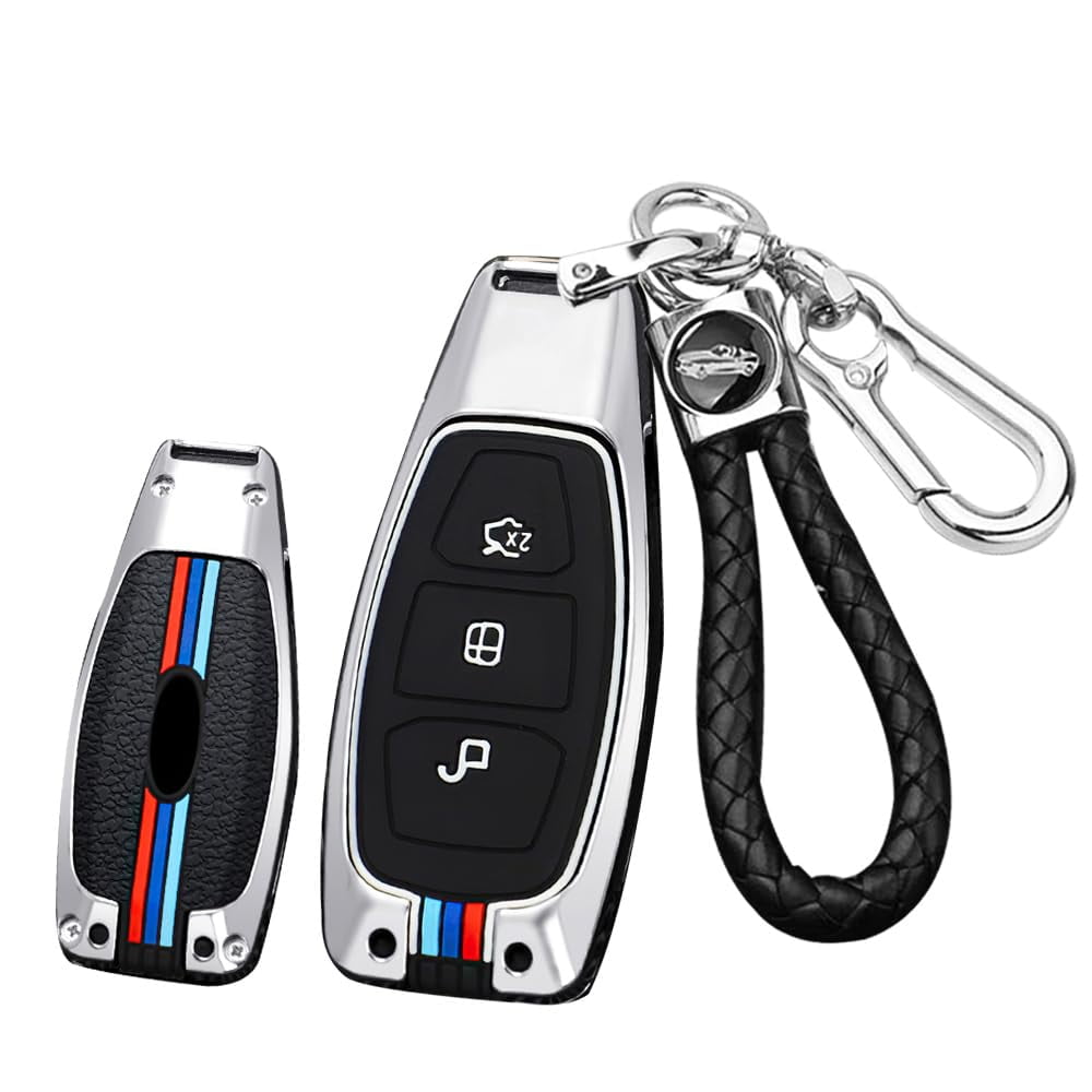 3-button Key Fob Case Fit for Ford Focus ST Car Key Cover Double Protection Metal Key Shell and Silicone Key Skin Keyless Entry Smart Remote Fit for C-Max Fiesta