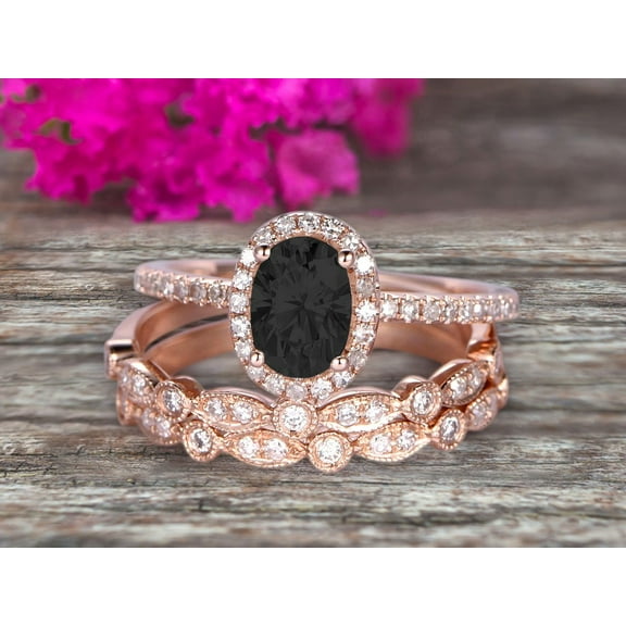 3 carat Classic Oval Black Diamond Moissanite wedding Bands Bridal Set Engagement Ring Classic Art Deco 10k Rose Gold