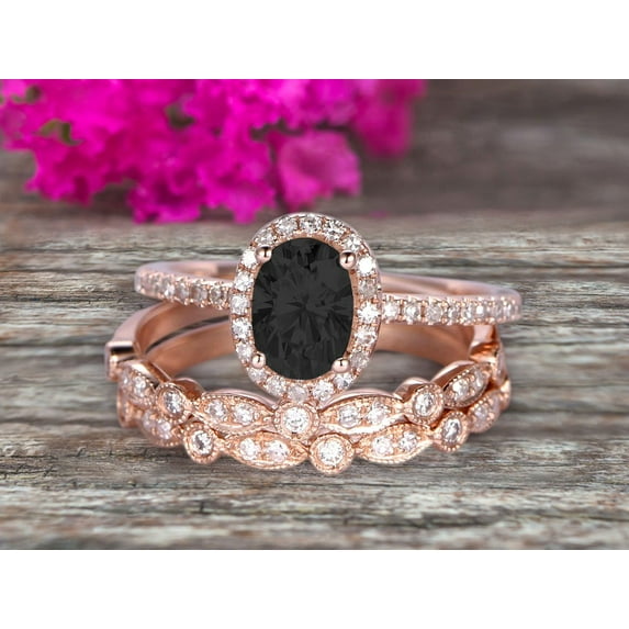 3 carat Classic Oval Black Diamond Moissanite wedding Bands Bridal Set Engagement Ring Classic Art Deco 10k Rose Gold