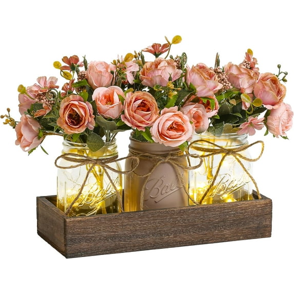 3 center decorations, suitable for dining table decoration, farmhouse style coffee table decoration, equipped with wooden trays and LED lights, suitable for dining rooms, kitchens, and living rooms
