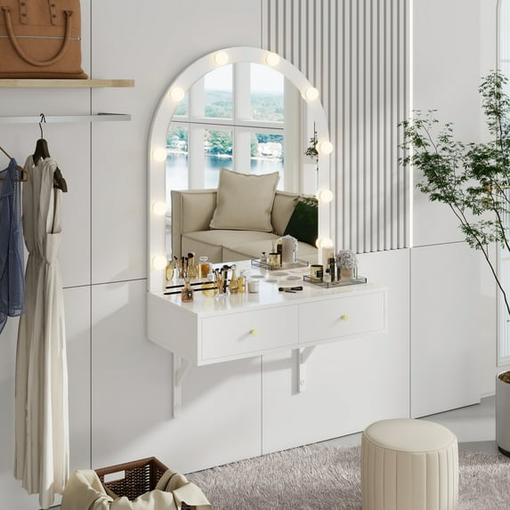 3-colour Lights Floating Vanity With Mirror & Power Outlet, White, Large Storage, Compact Desk 3-color Considerable Storage
