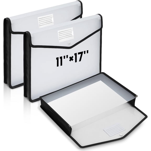 3 count 11 x 17 Inch Expandable Tabloid Size Document Folder Organizers with Snap Closure & Label, Clear Plastic Expanding File Folder for A3 Size Plots Charts (Black)