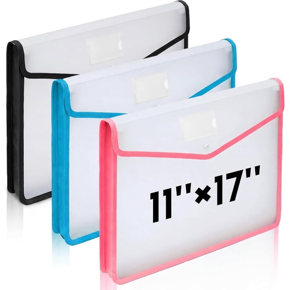 3 count 11 x 17 Inch Expandable Tabloid Size Document Folder Organizers with Snap Closure & Label, Clear Plastic Expanding File Folder for A3  Size Plots Charts (Mix Colored)