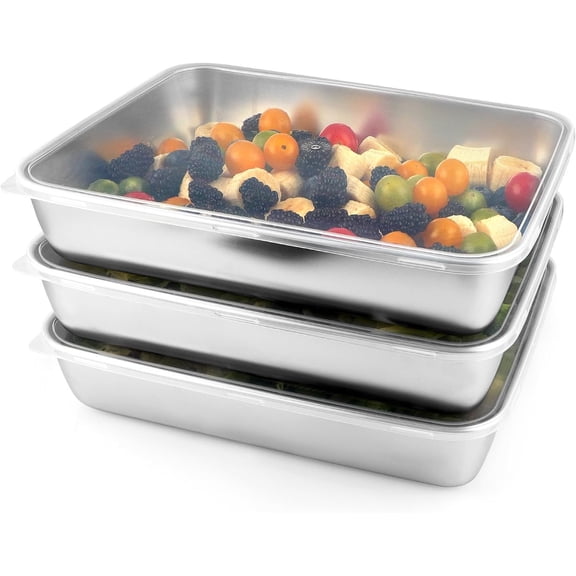 3 count (118oz) Stainless Steel Containers with Clear , 12" x 9.6" Large Stackable Snack Storage Boxes, Deli Meat Keeper for Refrigerator or Picnic, BBQ Party