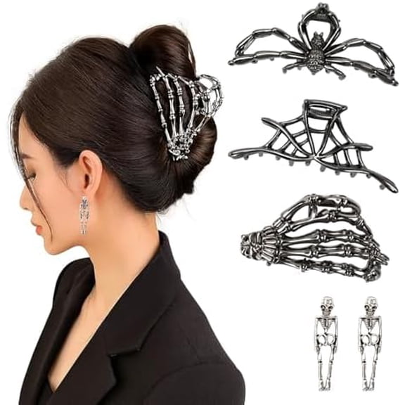 3 count Black Metal Spider Web Skeleton Hand Skull Hair Claw Clips for Women, Goth Metal Large Medium Size for Thick Thin Hair, Hair Accessories  for Girls (Black)