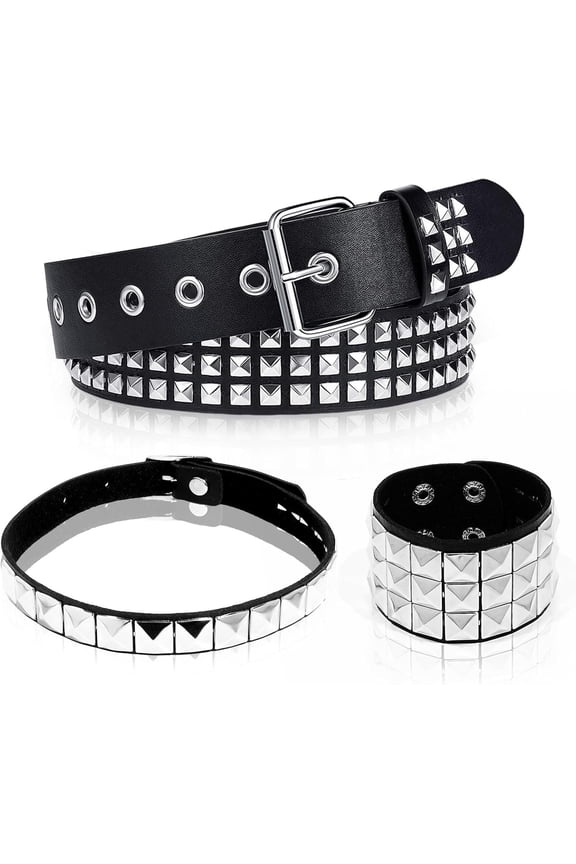 3 count Black Studded Belt Leather Rivet Cuff Bracelet Gothic Choker Necklace Y2K Emo Punk Rock Accessories Set for Women Men