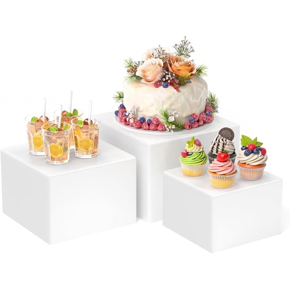 3 count Buffet Risers, Risers for Buffet Table, Boxes for Display Cube Riser Display Stand for Party Catering Dessert Collectibles, White Set (Size 8", 7", 6")