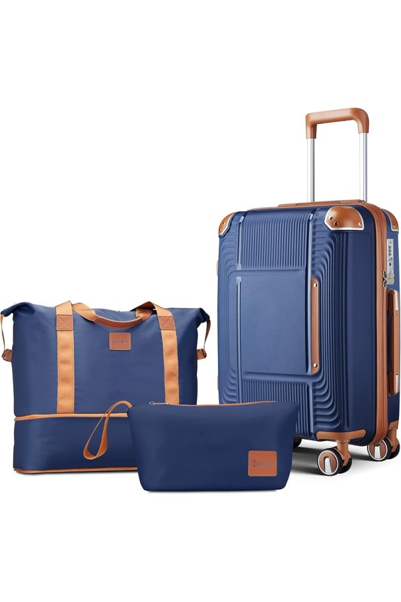 3 count Carry Luggage Set with Expandable Duffel & Toiletry Bag, 20 Inch Hardshell Suitcase with YKK Zippers & Reinforced Corner Guards, Lightweight Spinner Wheels with TSA Lock (Navy Blue)