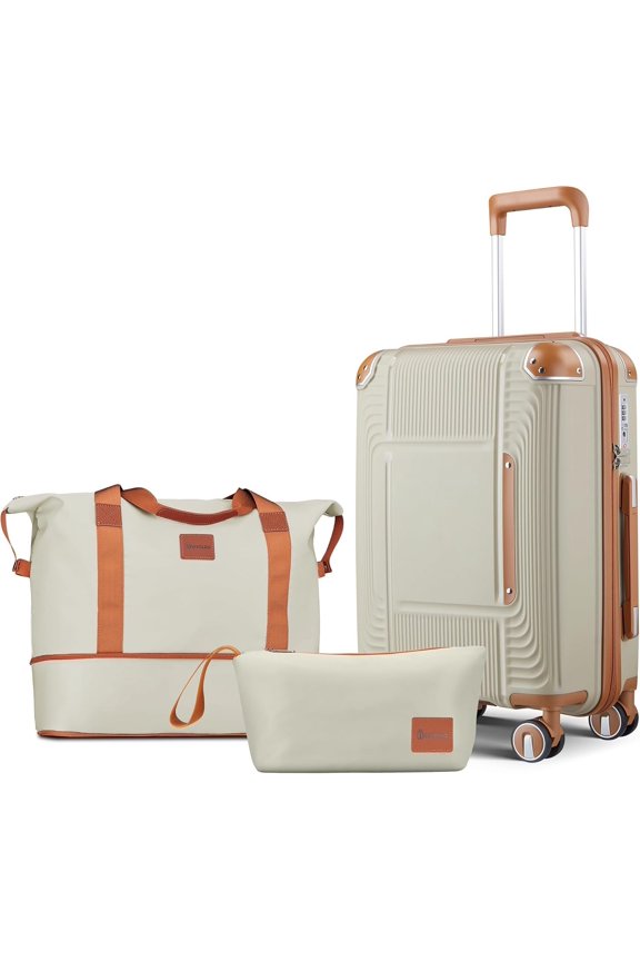 3 count Carry Luggage Set with Expandable Duffel & Toiletry Bag, 20 Inch Hardshell Suitcase with YKK Zippers & Reinforced Corner Guards, Lightweight Spinner Wheels with TSA Lock(Light Khaki)