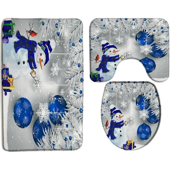 Christmas Snowman Bath Mat - Cute Winter Print, Memory Foam, Microfiber, 17.8x29.5 Inches, Holiday Bathroom Decor