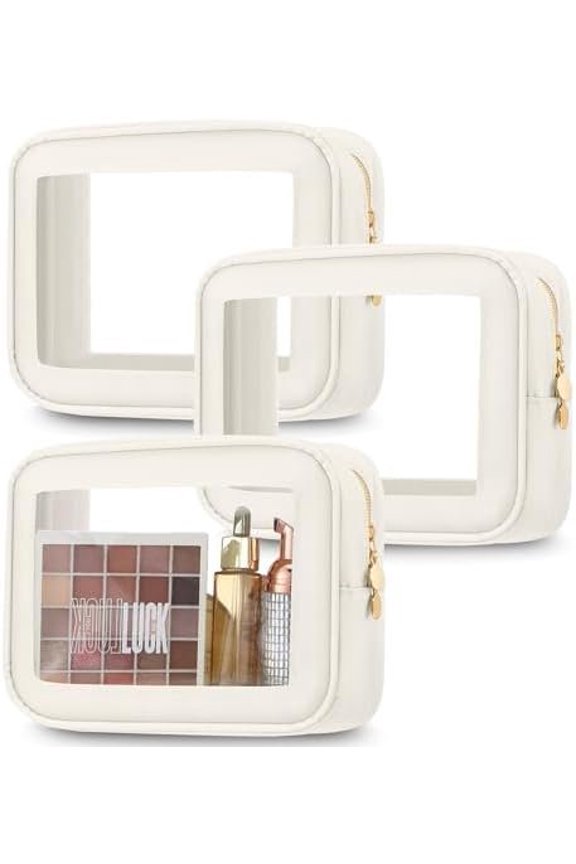 3 count Clear Makeup Bags Bag with Zipper Nylon PVC Travel Toiletry Pouches Gifts for Women, Bridesmaid, Mom, Wedding Birthday Party Supplies(Cream White)