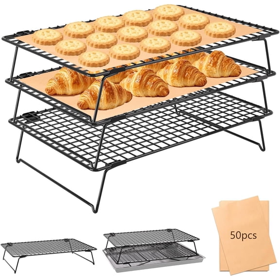 3 count Collapsible Cooling Rack for Cooking and Baking,13.4"x9.3" Wire Cookie Cooling Racks Baking Paper 50 count,Bread Cooling Rack for Cooling for Cooking,Baking,Drying,Dishwasher Safe