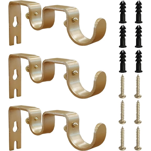 3 count Double Curtain Rod Brackets, Fits up to 1 and 5/8 inch Rods, Double Fixed Wall Brackets,