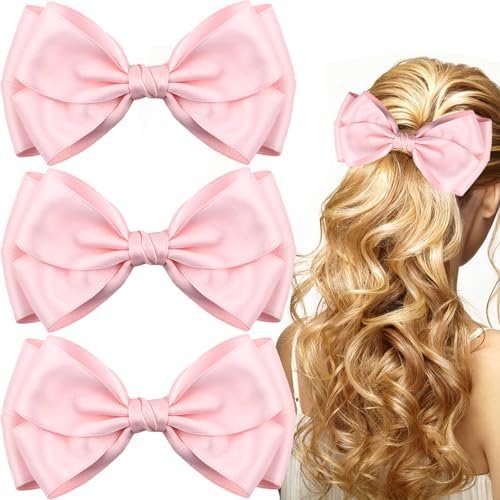 3 count Double Layer Bow Hair Clips Large 6 Inch Statement Hair Bows with Clip Two-Tier Luxury Satin Ribbon Hair Accessories for Party Wedding Bridal Shower Birthday Daily Wear