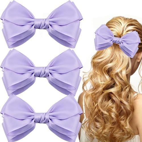 3 count Double Layer Bow Hair Clips Large 6 Inch Statement Hair Bows with Clip Two-Tier Luxury Satin Ribbon Hair Accessories for Party Wedding Bridal Shower Birthday Daily Wear