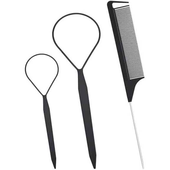 3 count Hair Styling Tool Set Topsy Tail Hair Tools with Tail Comb (Black)