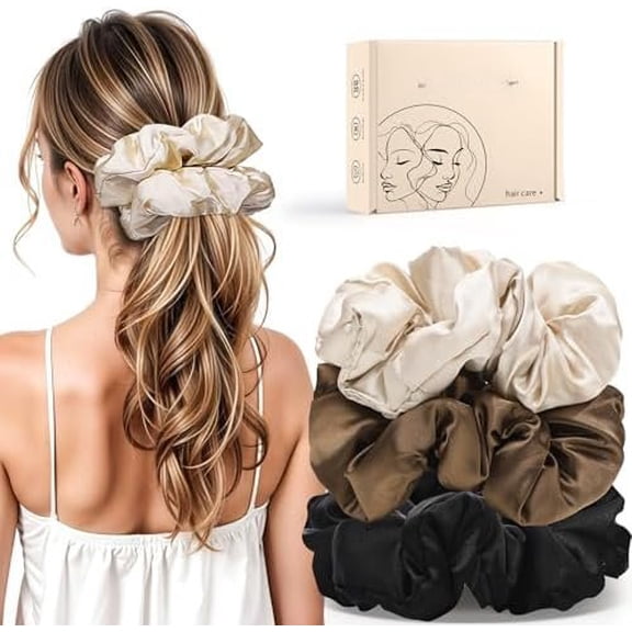 3 count Large Satin Hair Scrunchies, 6Inch Pillow Satin Scrunchies for Thick Curls No Sleepy Hair Tie