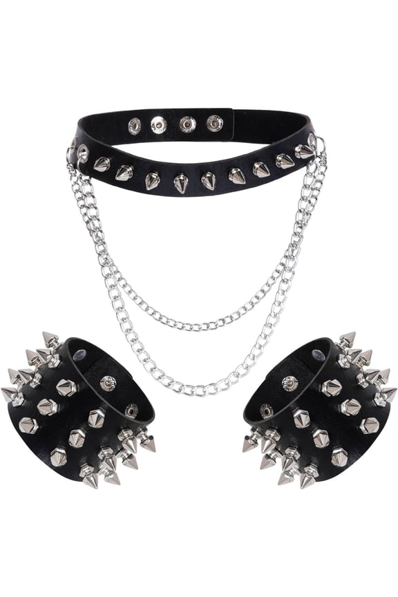 3 count Leather Spike Choker Studded Bracelet Cuffs Set Gothic Rivet Wristbands Puck Accessories for Men Women Rock