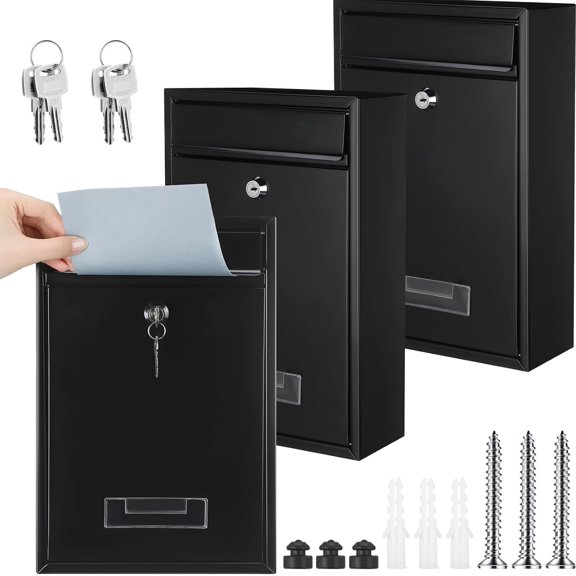3 count Locking Mailboxes Wall Mounted, 12.6 x 8.5 x 3.3 in Vertical Key Lock Drop Mailboxes with Lock and Slot, Metal Cover Rust-Proof  Box Suggestion Donation Box, Black Galvanized Steel
