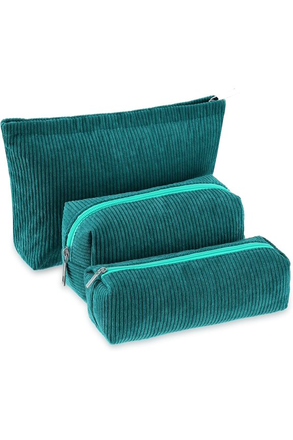 3 count Makeup Bag Set for Women Corduroy Pouch Aesthetic Smile Travel Toiletry Bag Cute Purse Pouch Pencil Case Makeup Brushes Storage Organizer for Christmas(Dark Green,Solid Style)