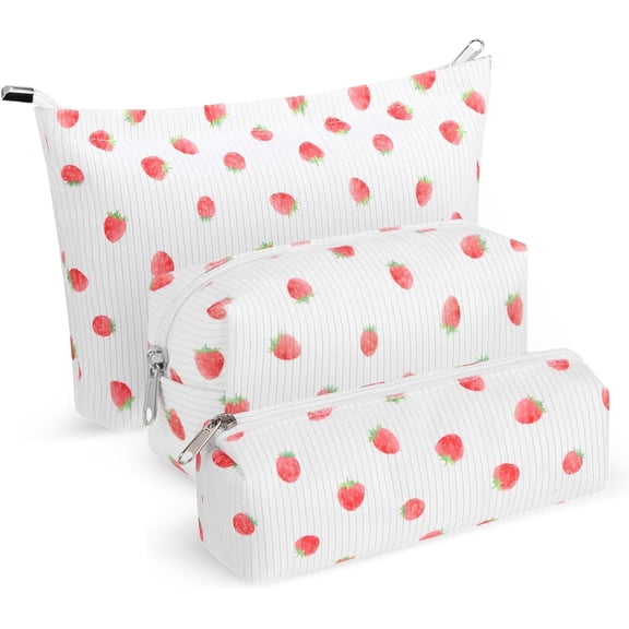 3 count Makeup Bag Set for Women Corduroy Pouch Aesthetic Smile Travel Toiletry Bag Cute Purse Pouch Pencil Case Makeup Brushes Storage Organizer for Christmas (White, Strawberry)