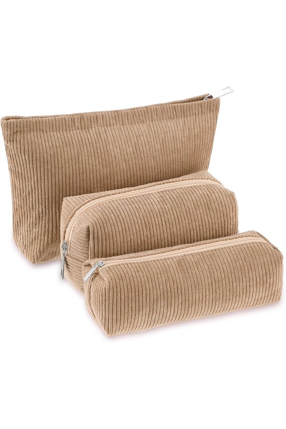 3 count Makeup Bag Set for Women Corduroy Pouch Aesthetic Smile Travel Toiletry Bag Cute Purse Pouch Pencil Case Makeup Brushes Storage Organizer for Christmas(Khaki,Solid Style)