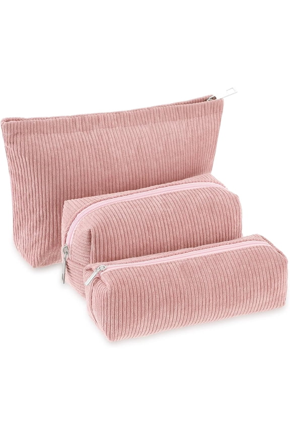 3 count Makeup Bag Set for Women Corduroy  Pouch Aesthetic Smile Travel Toiletry Bag Cute Purse Pouch Pencil Case Makeup Brushes Storage Organizer for Christmas(,Solid Style)