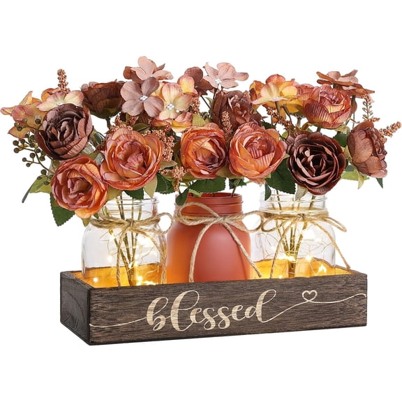 3 count Mason Jar Centerpiece with  Tray & LED Light,  Table Decor for Dining Room Kitchen Living Bathroom, Orange