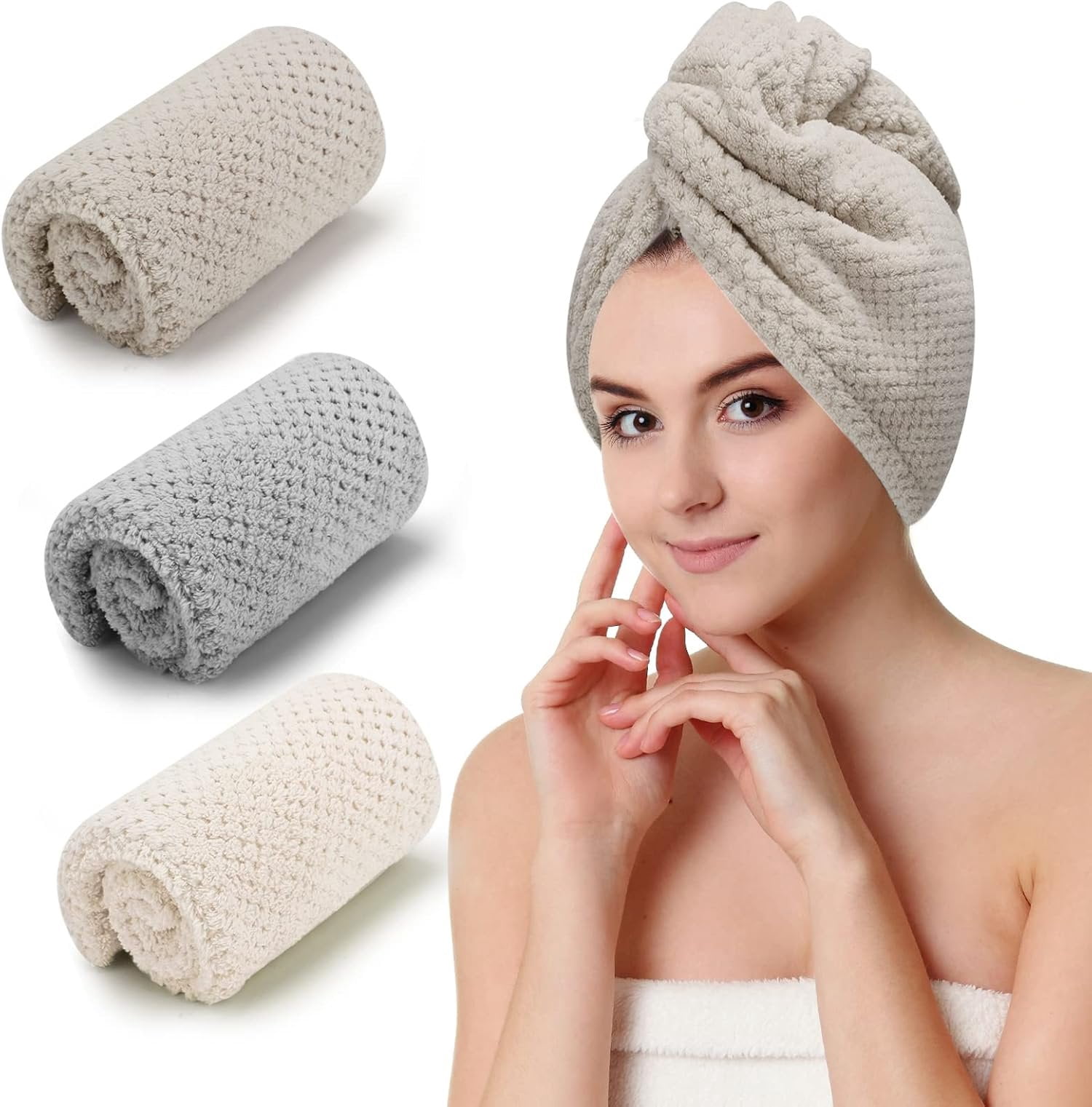 3 count Microfiber Hair Towel - Wraps for Wet Hair, Anti Frizz Turbans ...