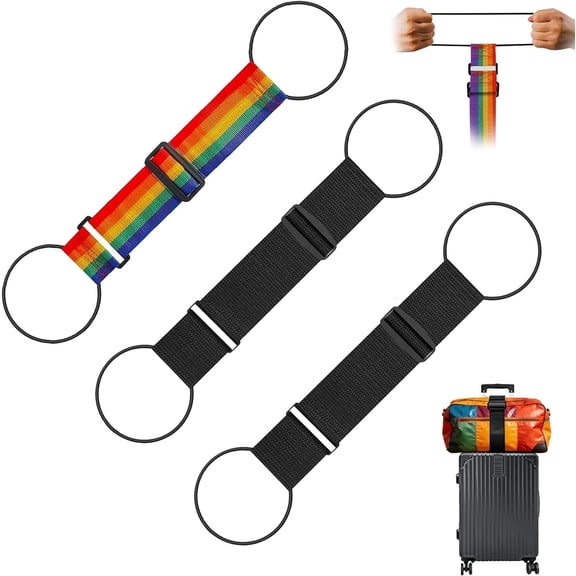 3 count Multi Use Adjustable Luggage Connector Straps, Add a Bag Easy to Travel Suitcase Elastic Strap Belt for Secure Stacking, Hands-Free Travel & Bag Attachment (Black & Rainbow)
