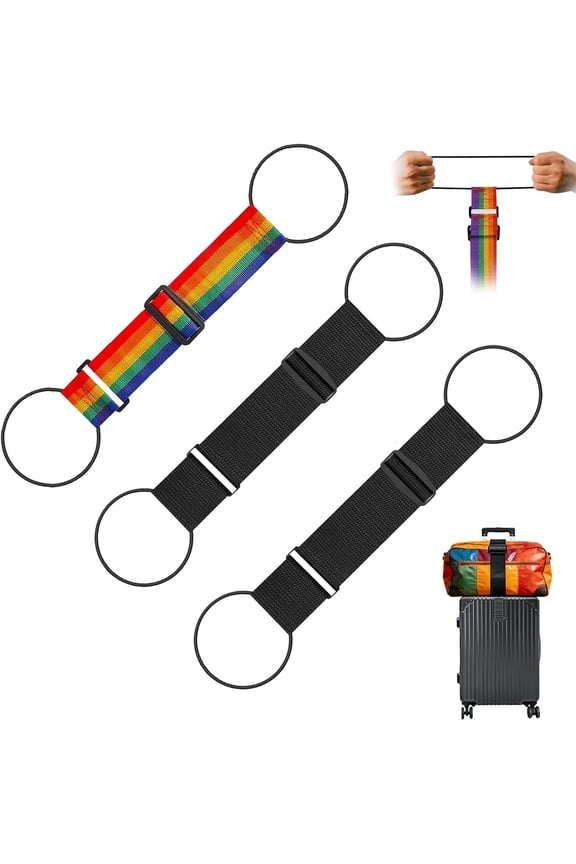 3 count Multi Use Adjustable Luggage Connector Straps, Add a Bag Easy to Travel Suitcase Elastic Strap Belt for Secure Stacking, Hands-Free Travel & Bag Attachment (Black & Rainbow)